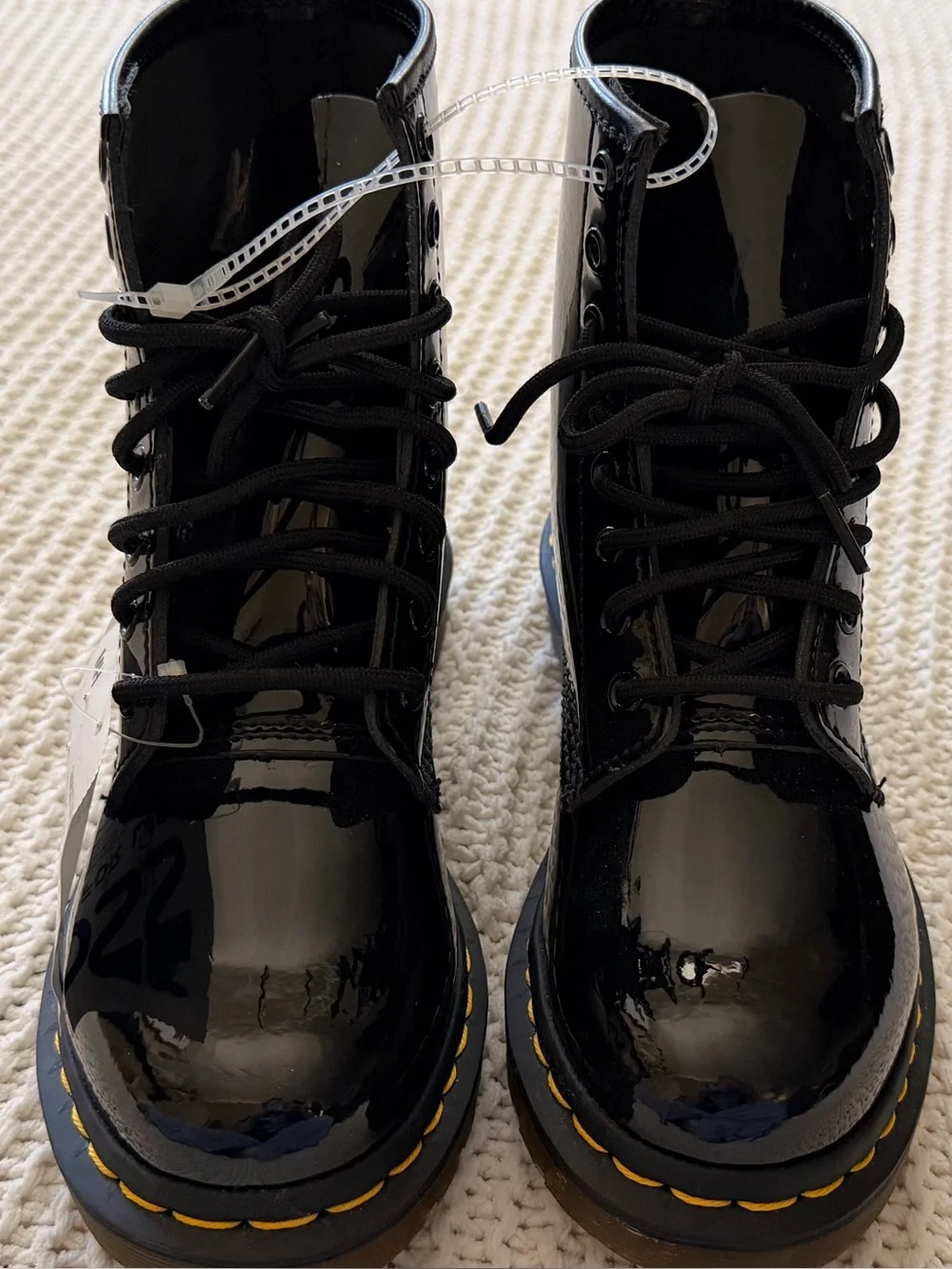 Dr. Martens Kids Black Patent Lace-Up Ankle Boots with Yellow Stitching